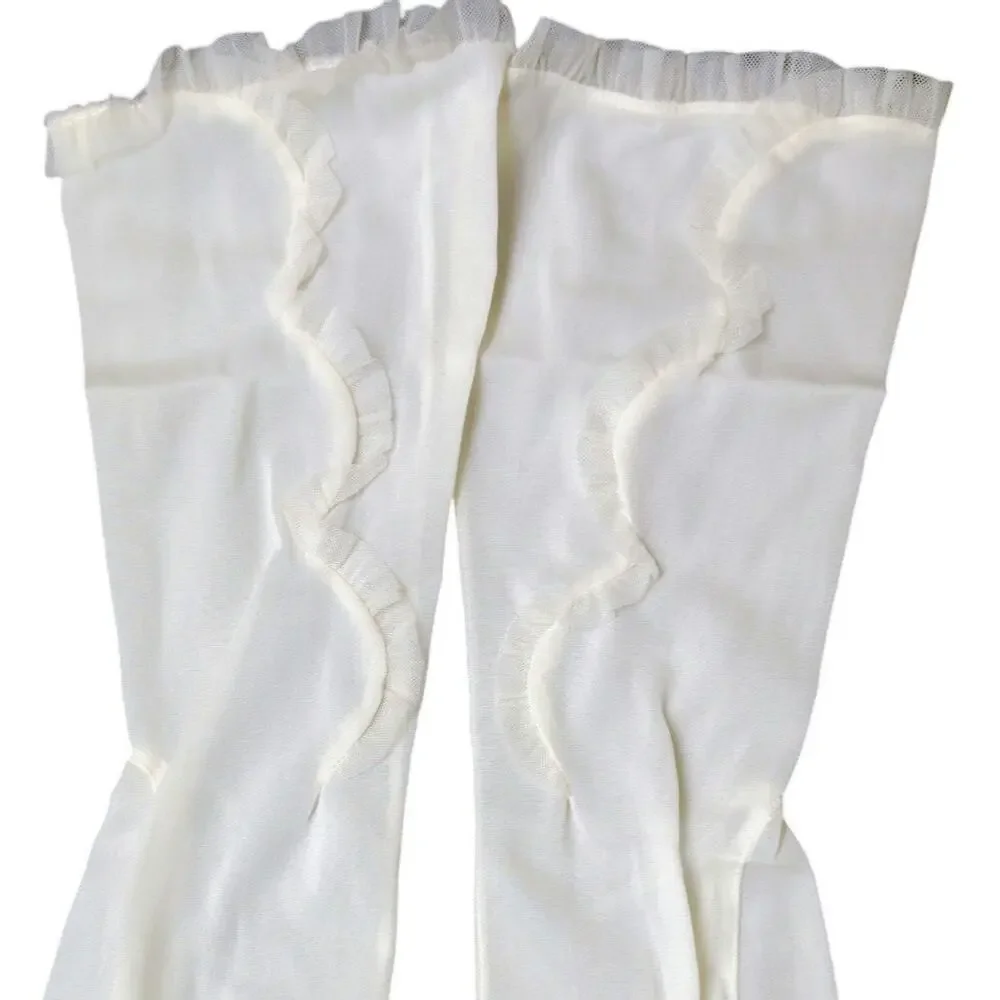 Vintage Sheer Ribbon Adorned Cream Long Gloves Scalloped Design Across Top Arm